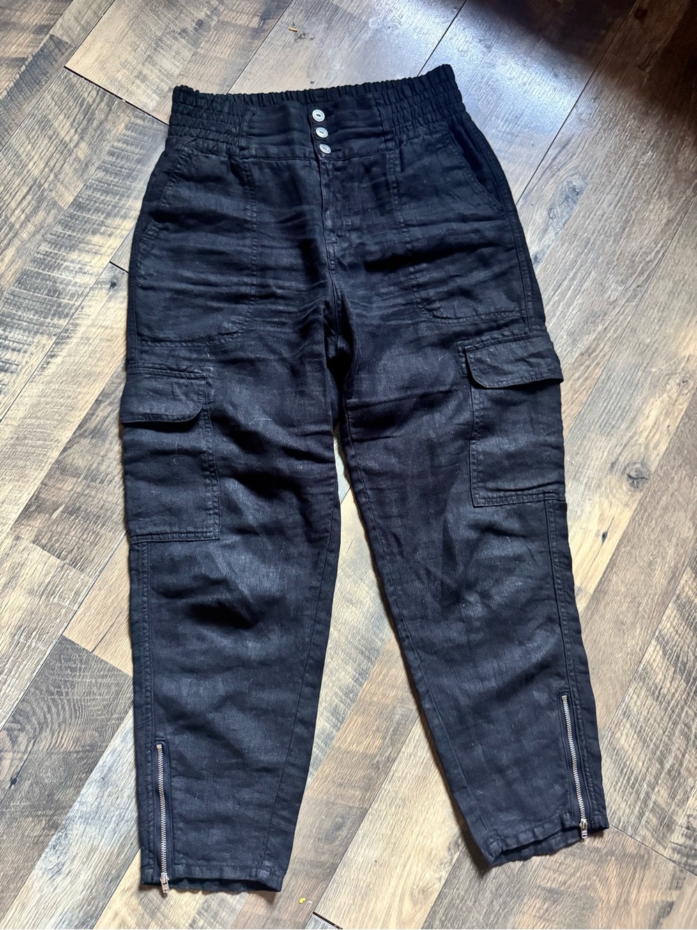Women's Black Cargo 100% Linen Ankle Pants with Zip Hem